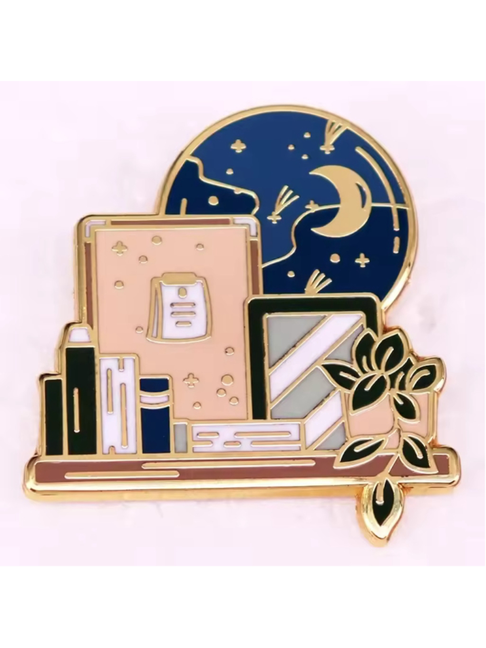 Cute Bookshelf & Nightime Moon Scene Enamel Pin
